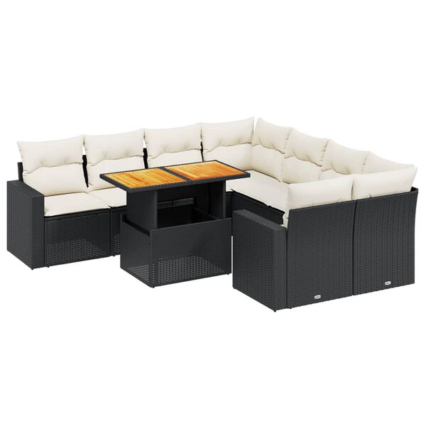 vidaXL 9-dijelni set vrtnih sofa s jastucima crni od poliratana