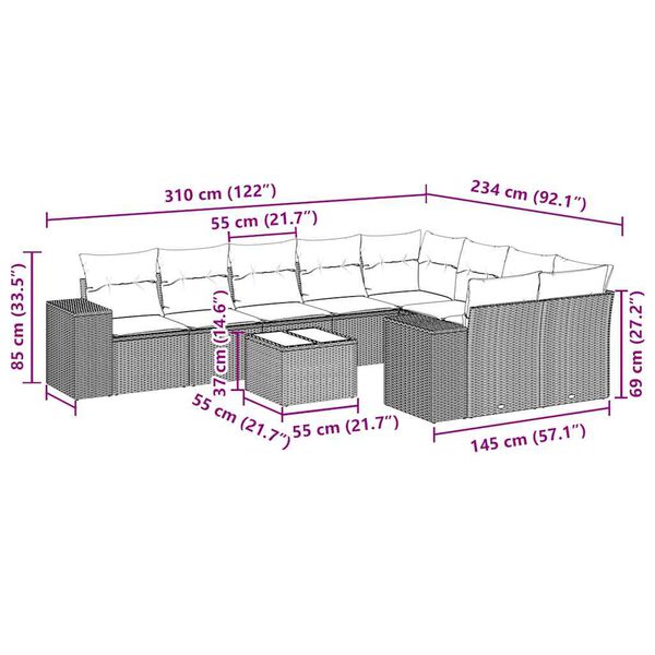 vidaXL 10-dijelni set vrtnih sofa s jastucima crni od poliratana