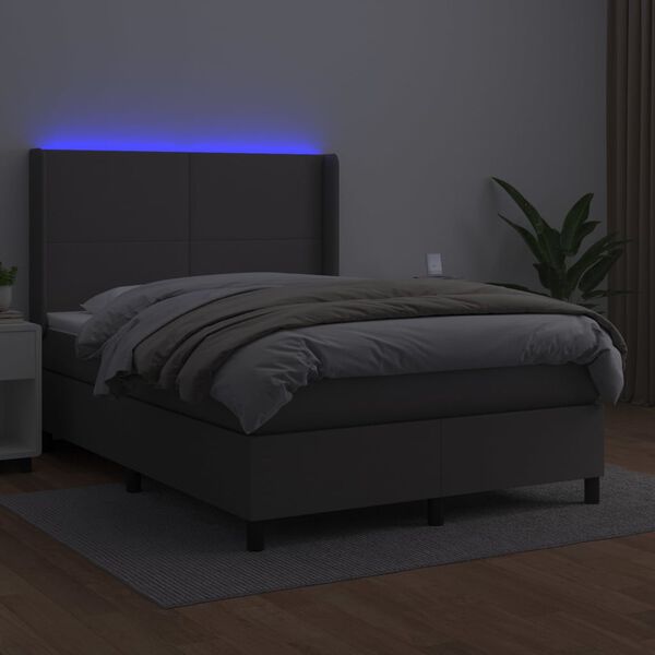 vidaXL Krevet box spring s madracem LED sivi 140x200cm od umjetne kože