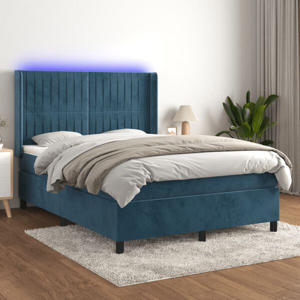 vidaXL Krevet box spring s madracem LED tamnoplavi 140x190 cm bar&scaron;un