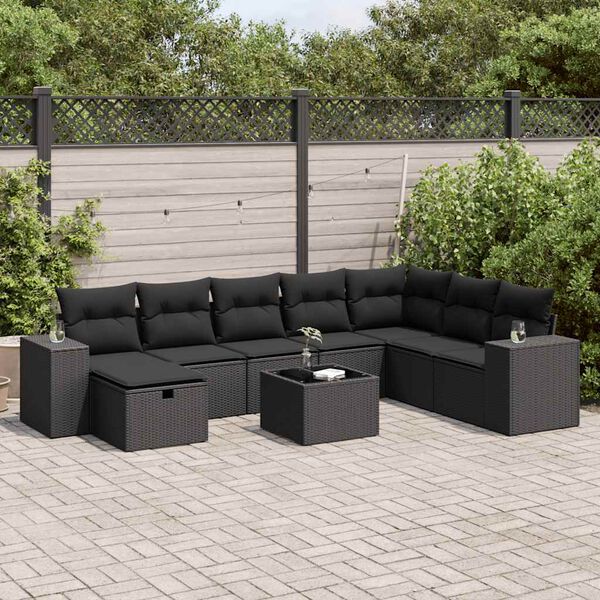 vidaXL 9-dijelni set vrtnih sofa s jastucima crni od poliratana