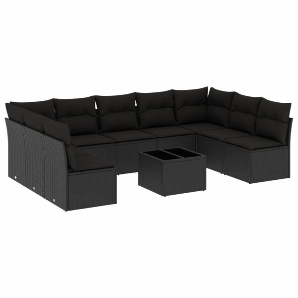 vidaXL 10-dijelni set vrtnih sofa s jastucima crni od poliratana