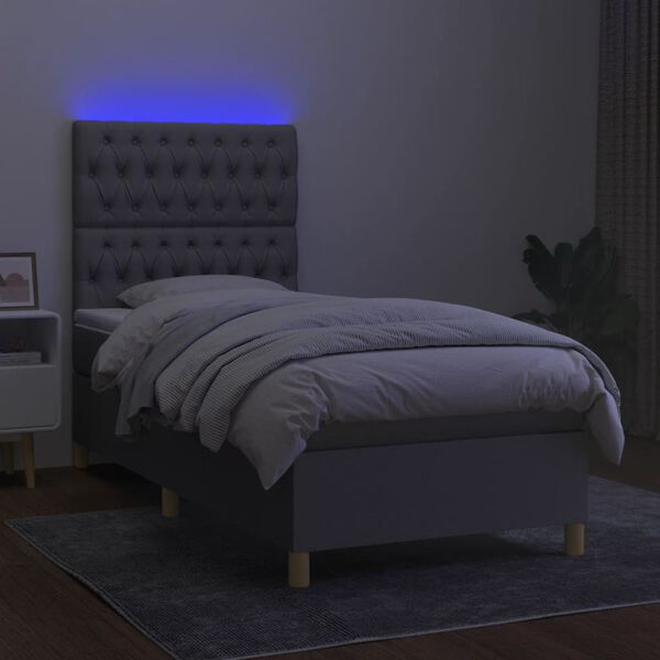 vidaXL Krevet box spring s madracem LED svjetlosivi 90x190 cm tkanina