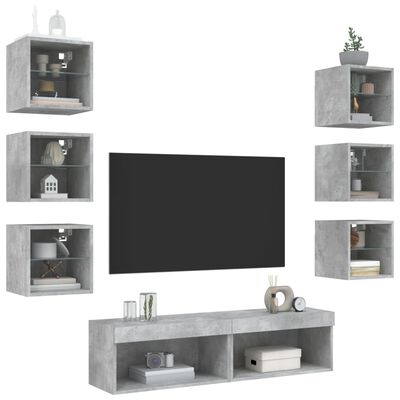 vidaXL 8-dijelni zidni TV elementi s LED svjetlima boja betona drveni