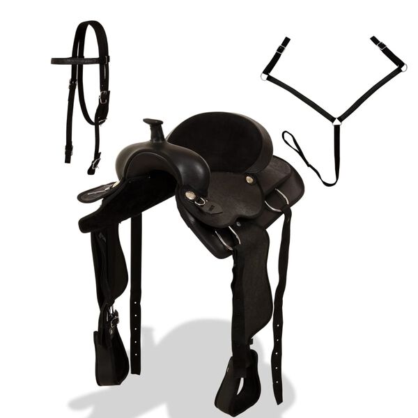 vidaXL Western Sedlo, Uzda i Obujmica Prava Koža 16 " Crno