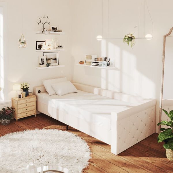 vidaXL Dnevni ležaj s madracem i USB-om Krem od tkanine 90 x 200 cm