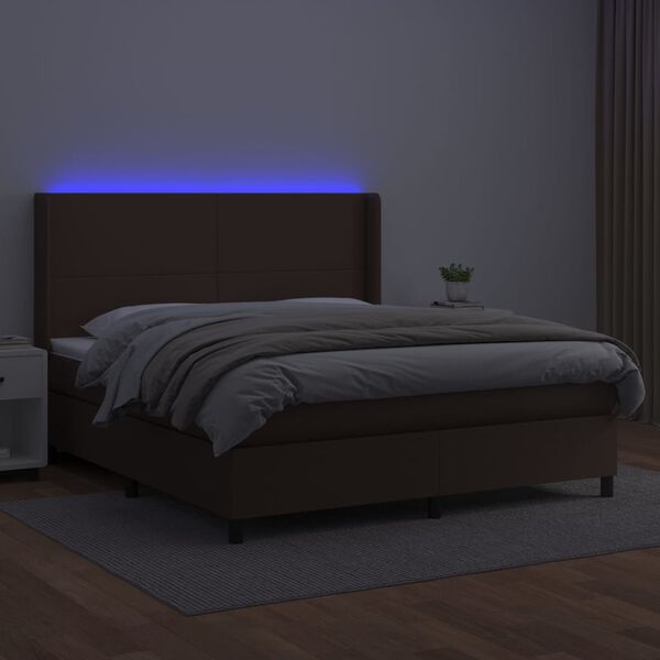 vidaXL Krevet box spring s madracem LED smeđi 180x200 cm umjetna koža