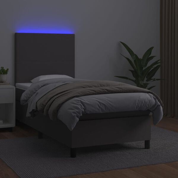 vidaXL Krevet box spring s madracem LED sivi 100x200cm od umjetne kože