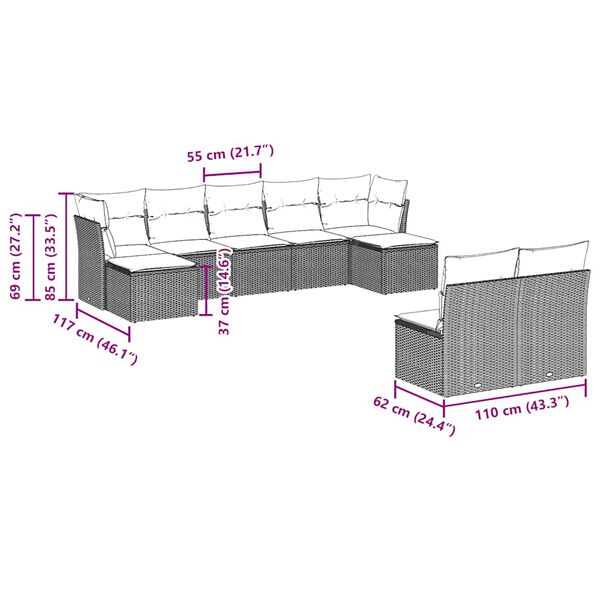 vidaXL 9-dijelni set vrtnih sofa s jastucima crni od poliratana
