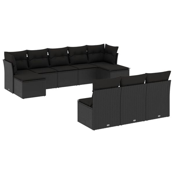 vidaXL 10-dijelni set vrtnih sofa s jastucima crni od poliratana