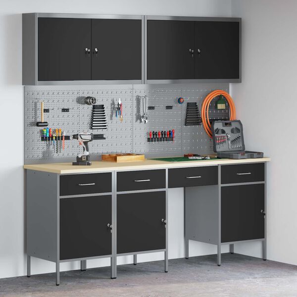 vidaXL Radni ormar s ladicama 10 pcs Crna Inženjerska drva i čelik
