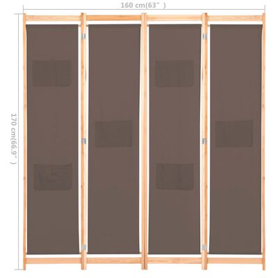 vidaXL Sobna pregrada s 4 panela od tkanine 160 x 170 x 4 cm smeđa