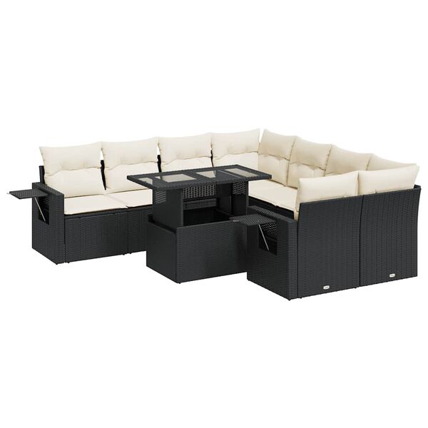 vidaXL 9-dijelni set vrtnih sofa s jastucima crni od poliratana