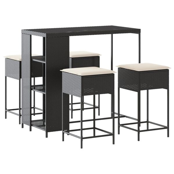 vidaXL 5-dijelni vrtni barski set od poliratana s jastucima crni