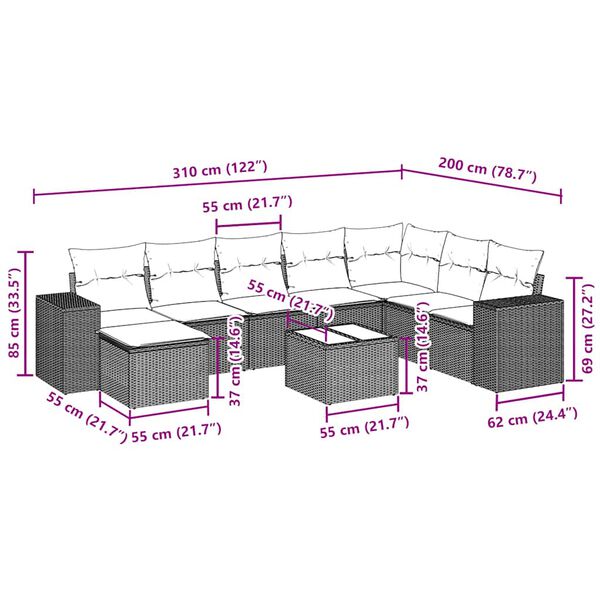vidaXL 9-dijelni set vrtnih sofa s jastucima crni od poliratana