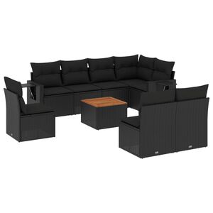 vidaXL 9-dijelni set vrtnih sofa s jastucima crni od poliratana