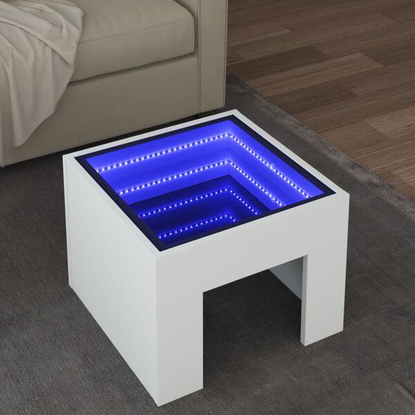 vidaXL Stolić za Kavu s beskonačnim LED svjetlima bijeli 40x40x30 cm