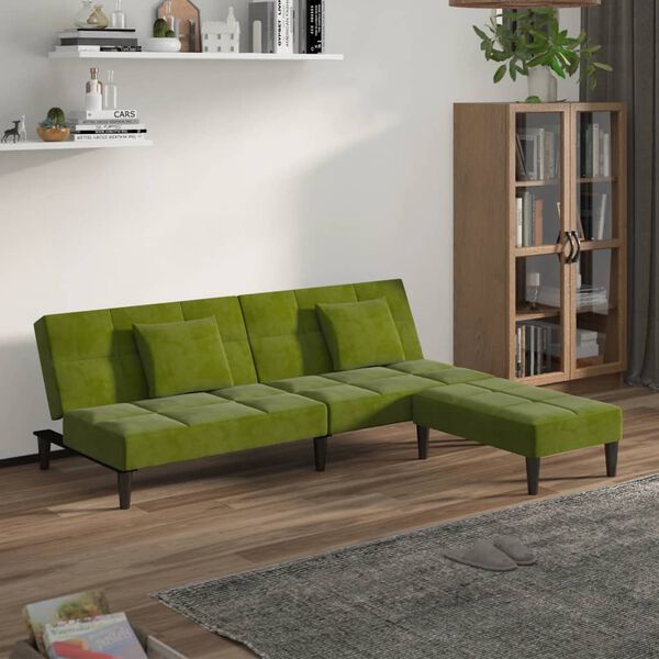 vidaXL Dvosjed na razvlačenje 2 jastuka i tabure svjetlozeleni bar&scaron;un