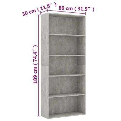 vidaXL Ormarić za knjige s 5 razina boja betona 80x30x189 cm drveni