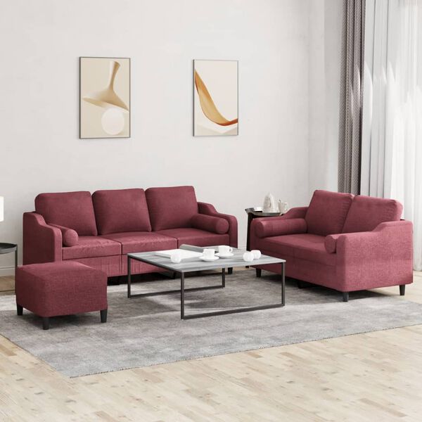 vidaXL 3-dijelni set sofa s jastucima crvena boja vina od tkanine
