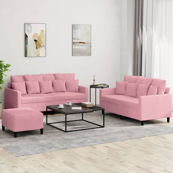 vidaXL 3-dijelni set sofa s jastucima ružičasti baršunasti