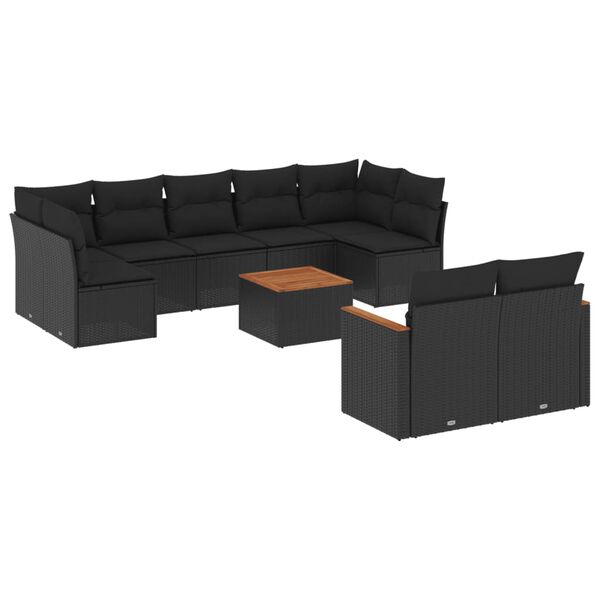vidaXL 10-dijelni set vrtnih sofa s jastucima crni od poliratana