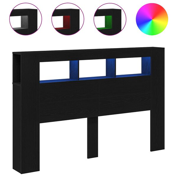 vidaXL LED glava kreveta s policom Crni hrast 160 x 18,5 x 103,5 cm