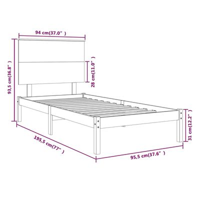 vidaXL Okvir za krevet od masivnog drva sivi 90 x 190 cm 3FT mali