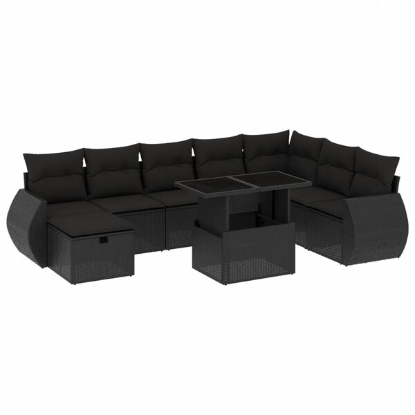 vidaXL 9-dijelni set vrtnih sofa s jastucima crni od poliratana