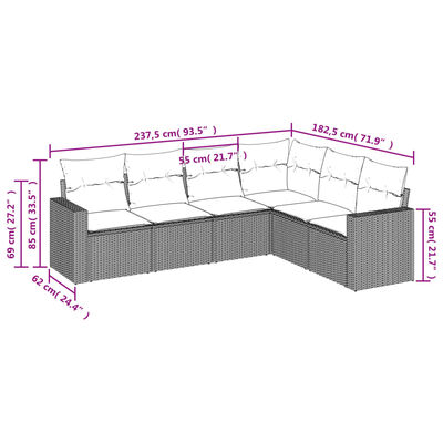 vidaXL 6-dijelni set vrtnih sofa od poliratana s jastucima smeđi