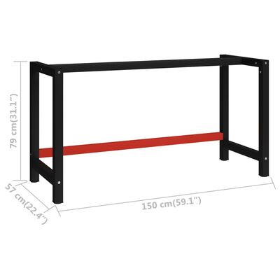 vidaXL Okvir za radni stol metalni 150 x 57 x 79 cm crno-crveni