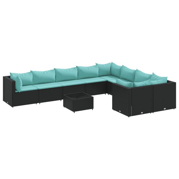 vidaXL 10-dijelni set vrtnih sofa s jastucima crni od poliratana