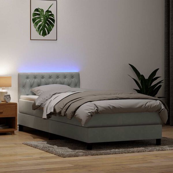 vidaXL Box Spring krevet s madracem i LED svijetlo sivi 90x220 cm bar&scaron;un