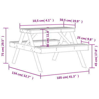 vidaXL Stol za piknik 105 x 134 x 75 cm od impregnirane borovine