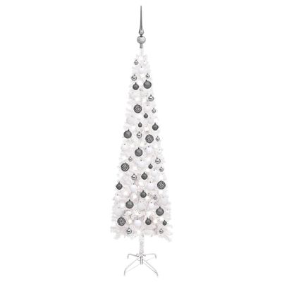 vidaXL Tanko osvijetljeno božićno drvce s kuglicama bijelo 120 cm