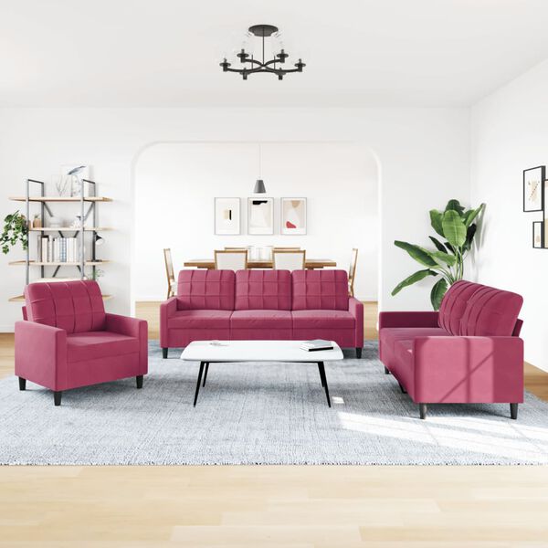 vidaXL 3-dijelni set sofa s jastucima crvena boja vina bar&scaron;unasti