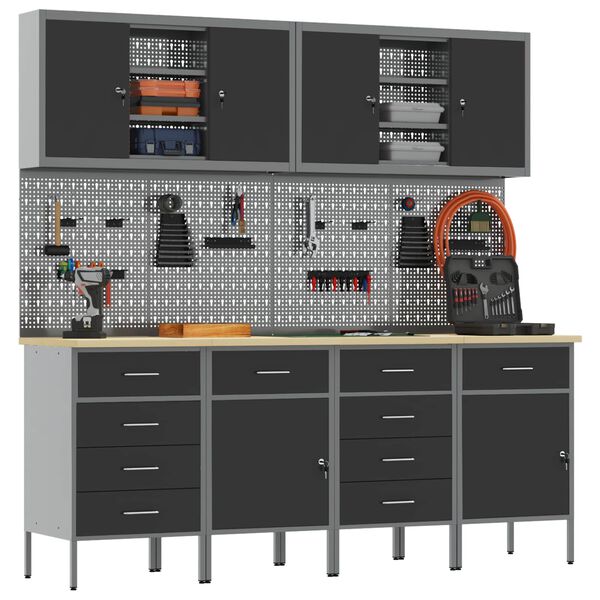 vidaXL Radni ormar s ladicama 10 pcs Crna Inženjerska drva i čelik