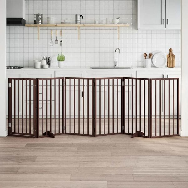 vidaXL Vrata za pse s vratima, sklopiva, 6 panela, smeđa, 300 cm, drvo topole