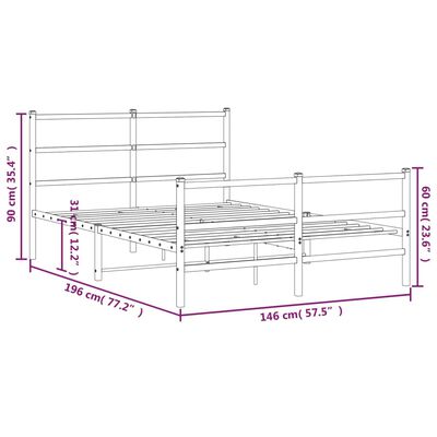 vidaXL Metalni okvir kreveta uzglavlje i podnožje bijeli 140 x 190 cm