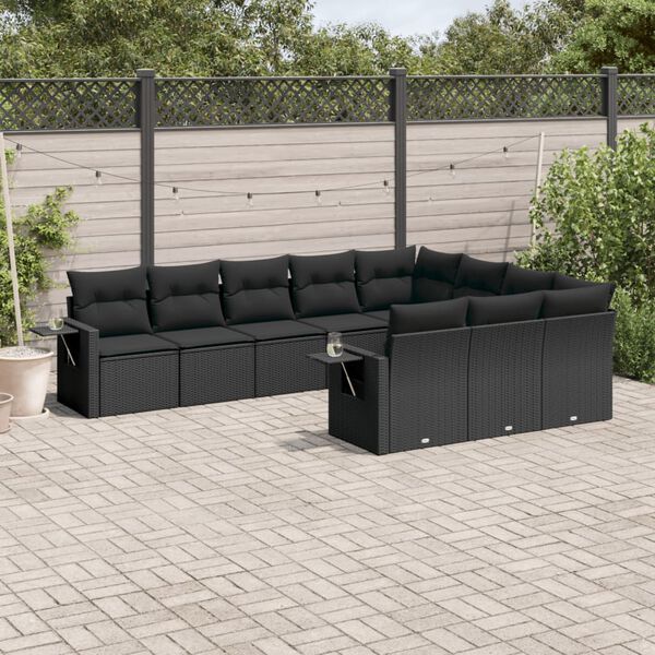 vidaXL 10-dijelni set vrtnih sofa s jastucima crni od poliratana