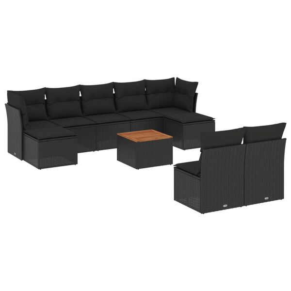 vidaXL 10-dijelni set vrtnih sofa s jastucima crni od poliratana