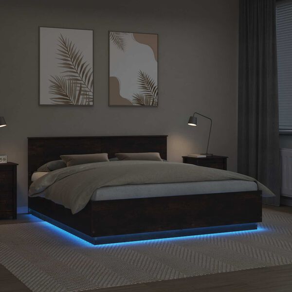 vidaXL Krevetna konstrukcija S LED lampica Dimljeni hrast 200 x 200 cm