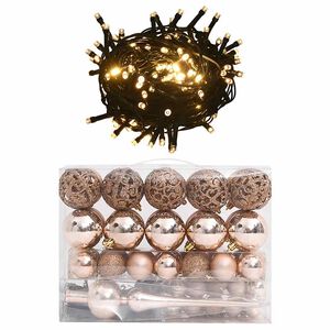 vidaXL 60-dijelni set božićnih kuglica s vrhom 150 LED ružičasto zlato