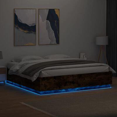 vidaXL Okvir kreveta s LED svjetlima boja hrasta 200 x 200 cm drveni