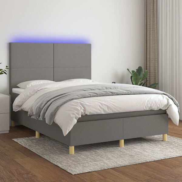 vidaXL Krevet box spring s madracem LED tamnosivi 140x190 cm tkanina