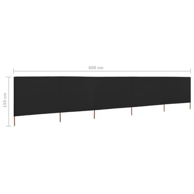 vidaXL Vjetrobran s 5 panela od tkanine 600 x 120 cm crni