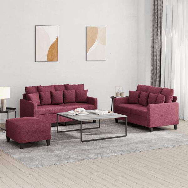 vidaXL 3-dijelni set sofa s jastucima crvena boja vina od tkanine
