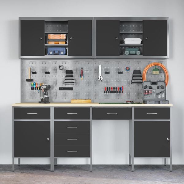 vidaXL Radni ormar s ladicama 10 pcs Crna Inženjerska drva i čelik