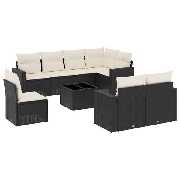vidaXL 9-dijelni set vrtnih sofa s jastucima crni od poliratana
