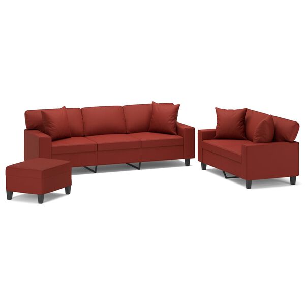 vidaXL 3-dijelni set sofa s jastucima crvena boja vina od umjetne kože